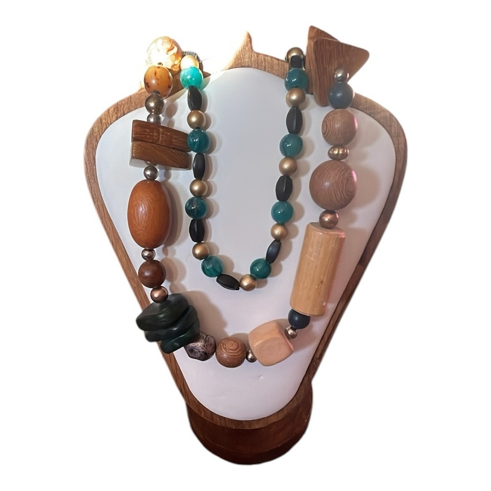 Brown and Green Beaded Necklace with Natural Stone Accents 2 necklaces - Picture 2 of 7